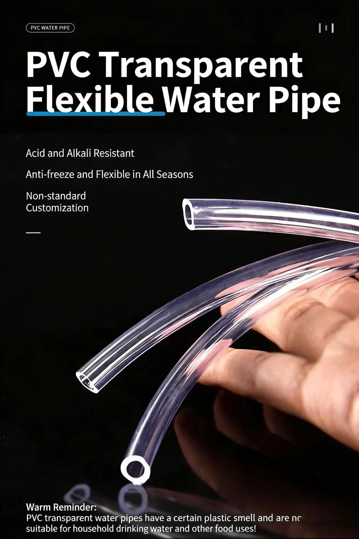 A hand is holding a clear PVC transparent flexible water pipe, demonstrating its flexibility and transparency.