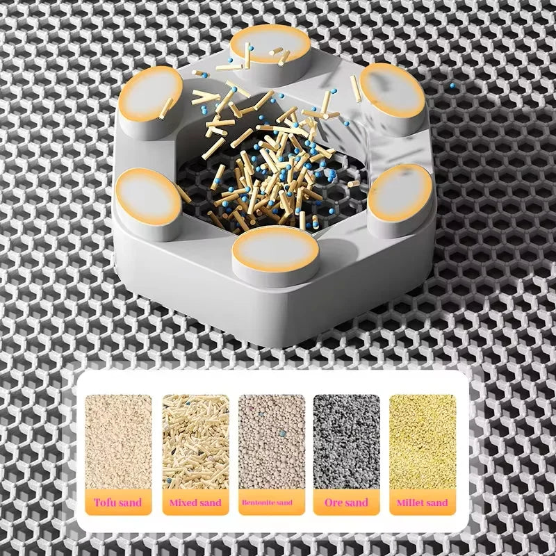 A white double-layer cat litter mat is shown with various types of sand inside, including tofu, mixed, bentonite, ore, and mi