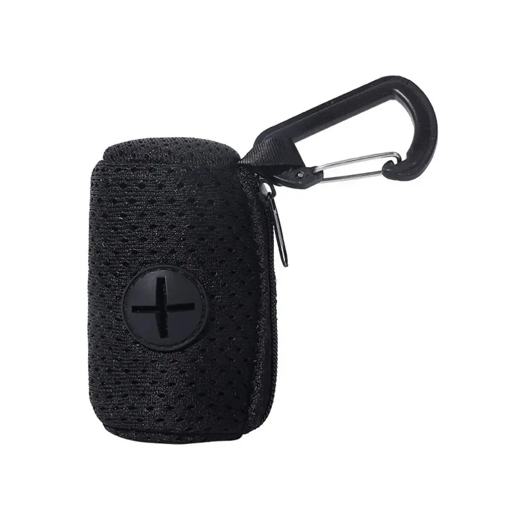 Black portable mesh dog waste bag dispenser with a clip for easy carrying