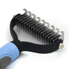Black pet deshedding comb with a blue handle and gold-tipped end