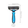 A blue deshedding brush with a metal comb for dogs and cats, shown with dimensions.