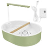 Bain d'oiseaux blanc avec base verte et bec long, ainsi qu'un cordon électrique et un adaptateur.
