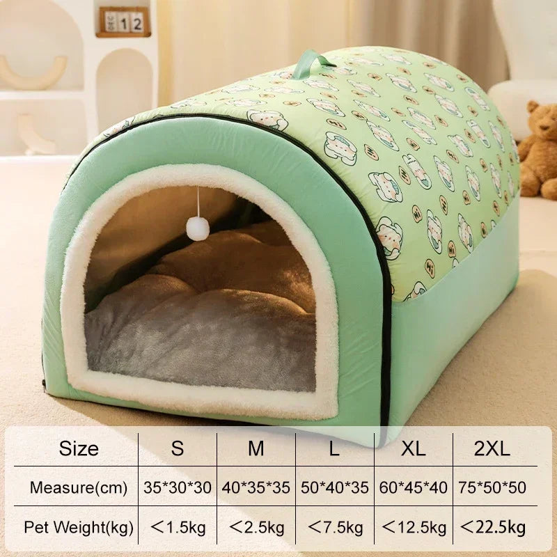 A light green pet sleeping house for dogs and cats with a padded interior and a patterned fabric exterior.