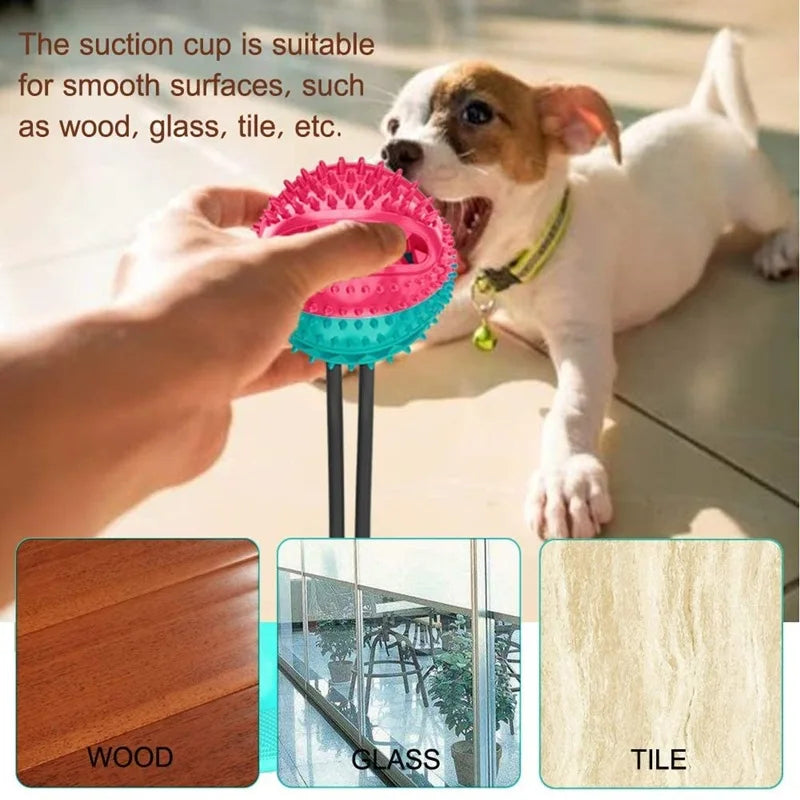 A dog plays with a pink suction cup chew ball while a hand demonstrates its suitability for wood, glass, and tile surfaces.
