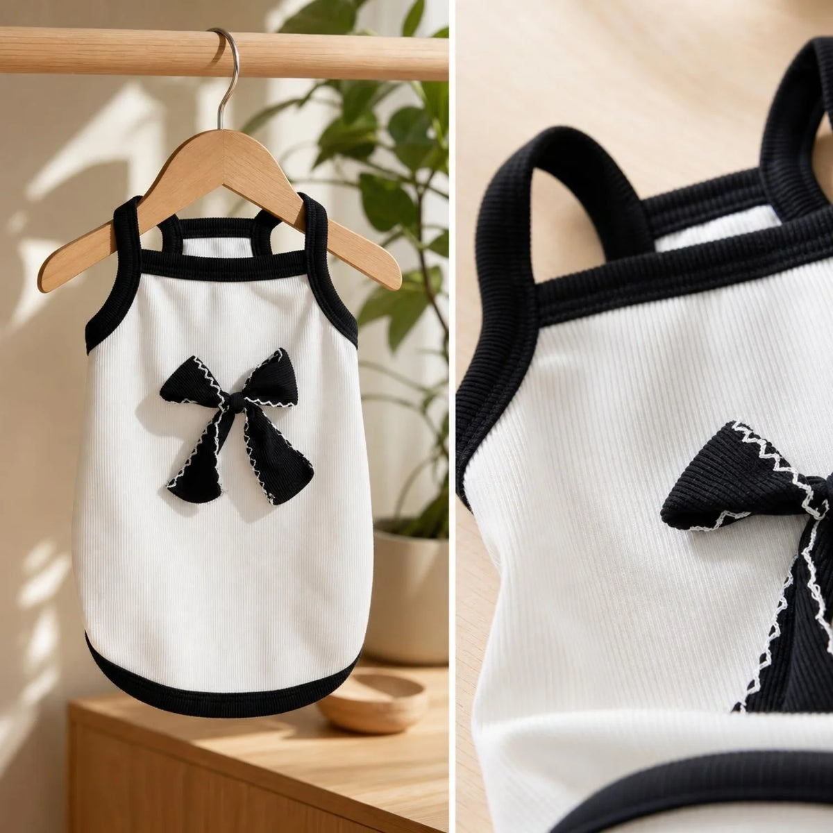 White ribbed pet vest with a black bow knot for small dogs and cats
