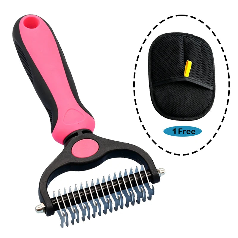 A pink and black two-sided pet grooming brush with a flexible silicone comb and a storage case.