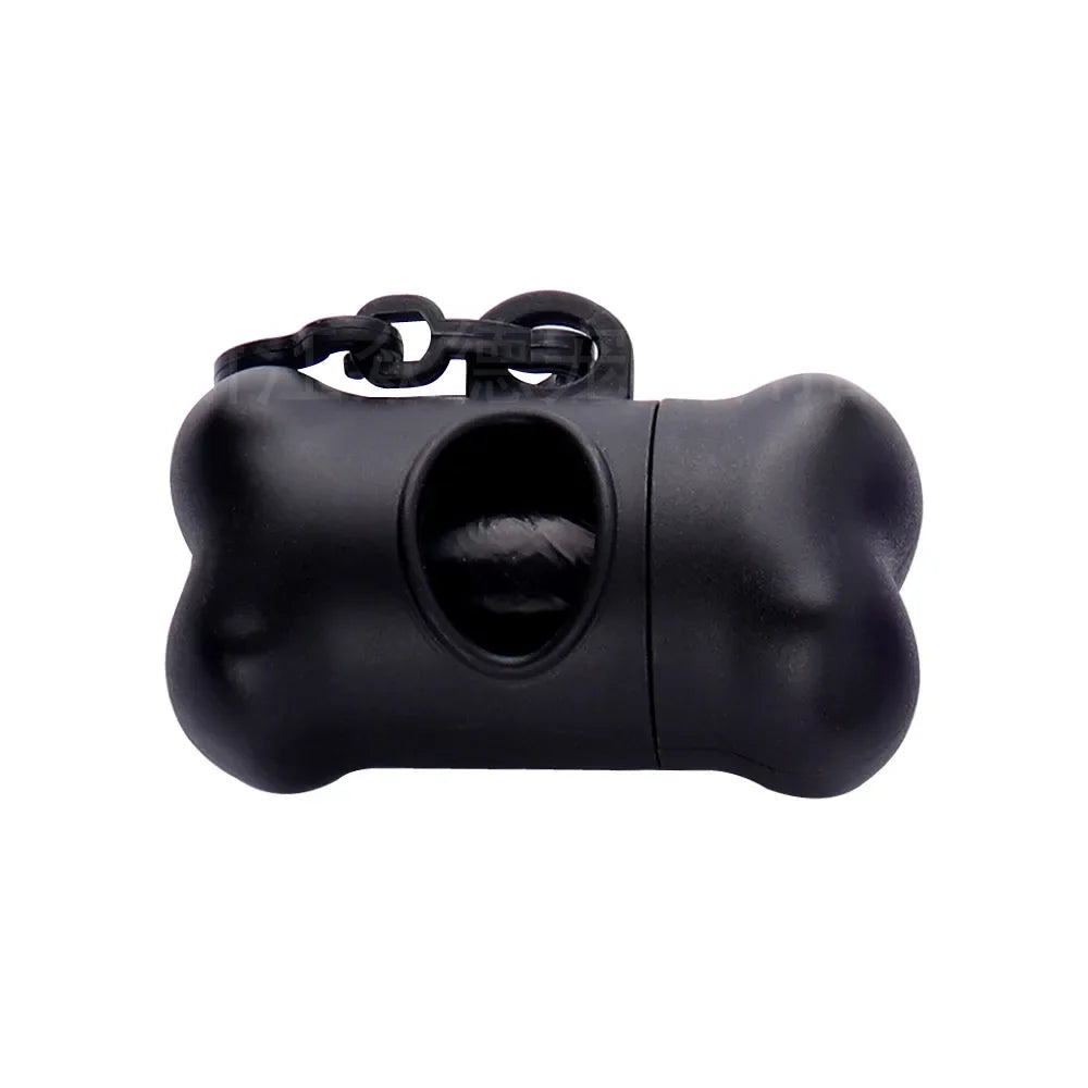 Black bone-shaped poop bag dispenser with a clip.