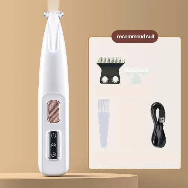 A white waterproof LED pet hair trimmer is shown next to a grooming kit including a comb and a black cord.
