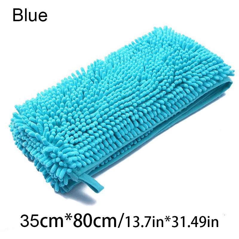 A bright blue ultra-absorbent chenille pet bath towel for dogs and cats.