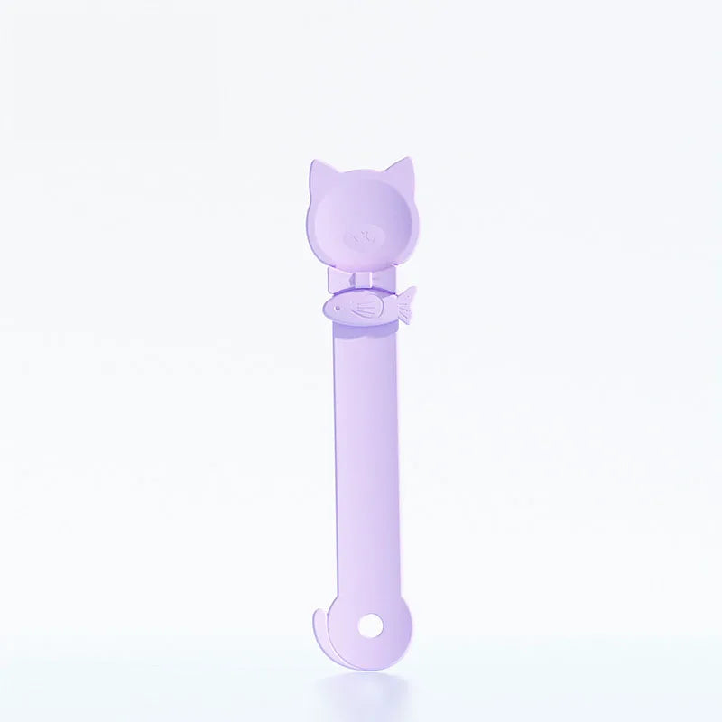 Lickbare Katzenfutterlöffel mit Katzenkopf-Design, lila, lange Griffe, für Nassfutter.