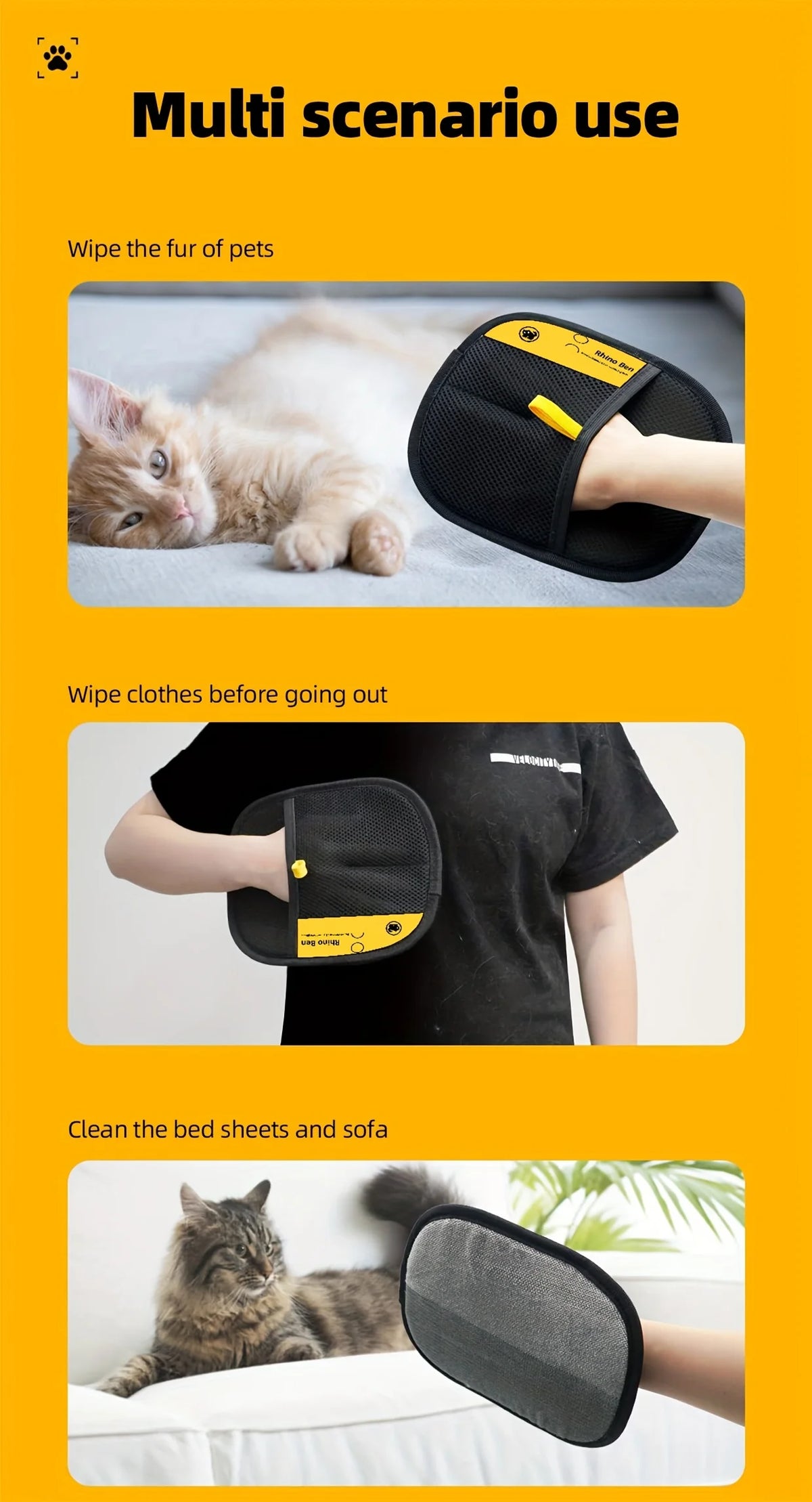 Demonstration of multi-scenario use for pet hair removal gloves, showing cleaning pets, clothes, and bed sheets.