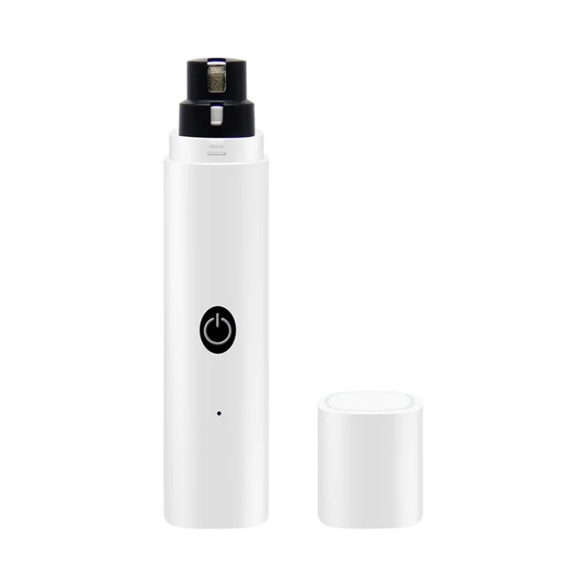 A white quiet rechargeable pet nail grinder with a black cap and cylindrical body.