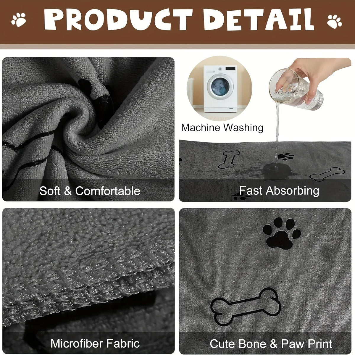 Detail view of a gray microfiber pet bath towel showing soft texture, fast absorbing properties, and cute bone and paw prints