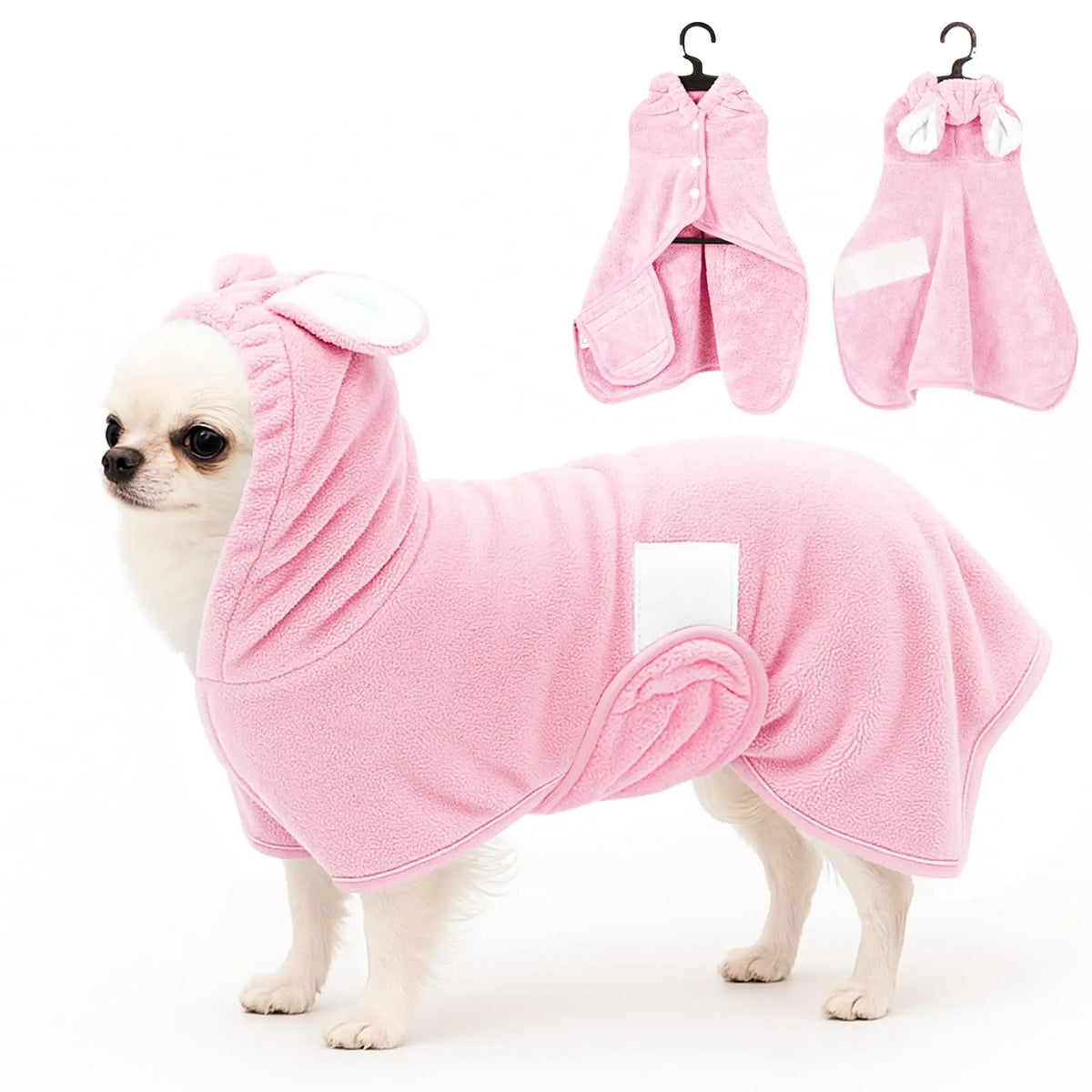 A pink hooded pet bathrobe towel for dogs and cats lying on a white background.