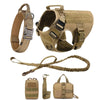 A tactical dog harness featuring a collar and multiple MOLLE pouches shown in various views.