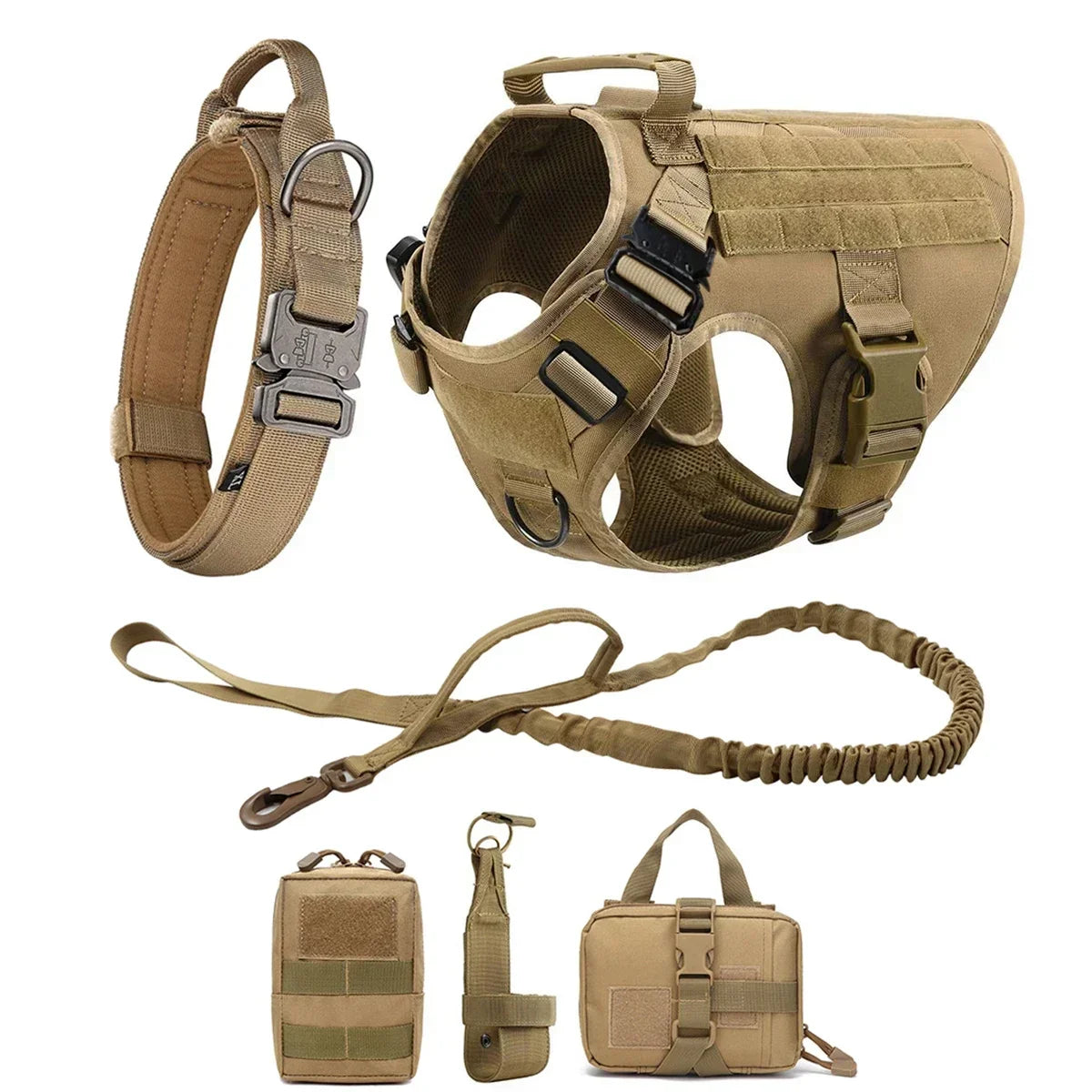 A tactical dog harness featuring a collar and multiple MOLLE pouches shown in various views.