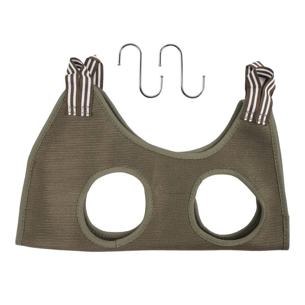 A green pet nail trimming hammock for cats with fabric straps and metal hooks.