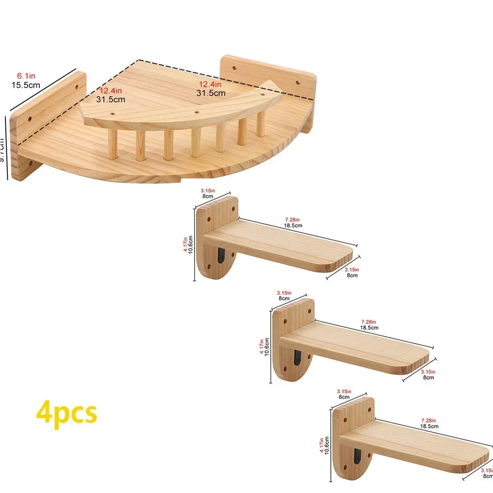 Four wooden wall mounted cat climbing shelf and bridge pieces with various dimensions