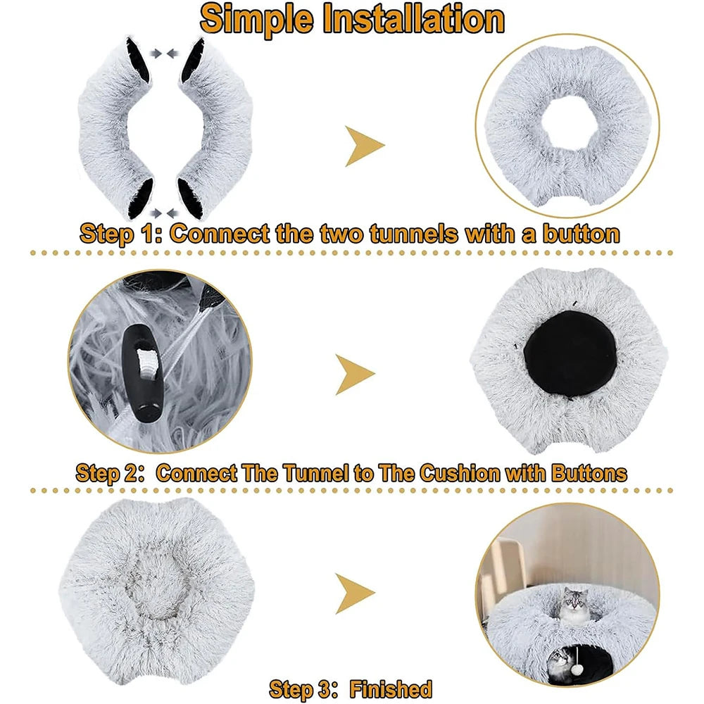 Instructions for simple installation of a cozy plush cat tunnel bed featuring two tunnels and a cushion.