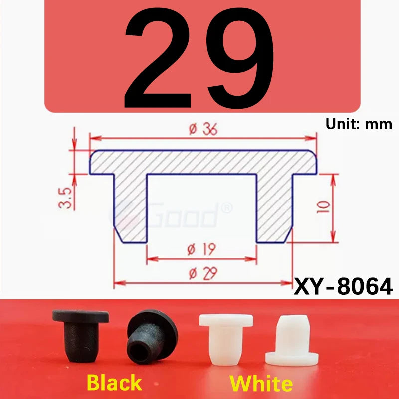Black and white silicone rubber hole plugs shown next to the number 29 for dimension reference
