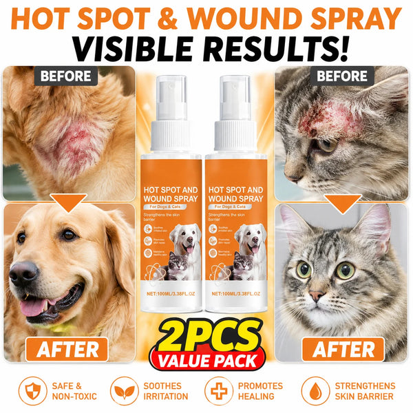 Before and after images showing the visible results of a hot spot and wound spray on a dog and a cat.