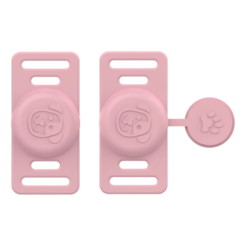 A pair of pink silicone airtag holders designed to clip onto pet collars.
