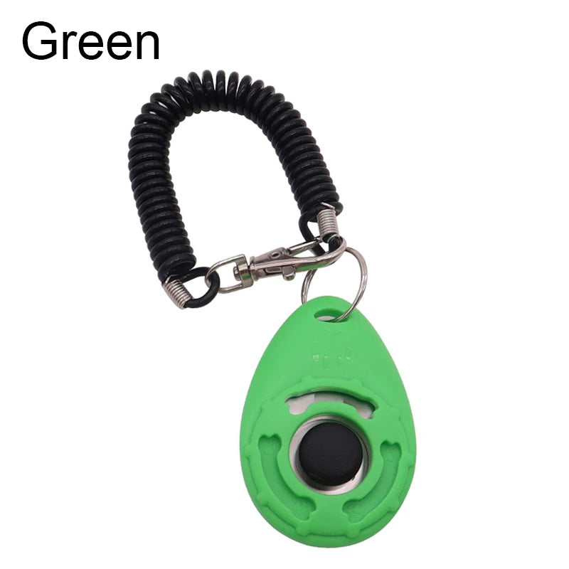Grüner, verstellbarer Hundetrainer-Klicker mit schwarzem Spiralriemen und runder Sensor.