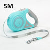 A light blue retractable dog leash with a gray handle and glowing strip is shown against a white background.