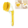 Yellow silicone pet bath brush with shampoo dispenser shown next to usage examples on a white pet.