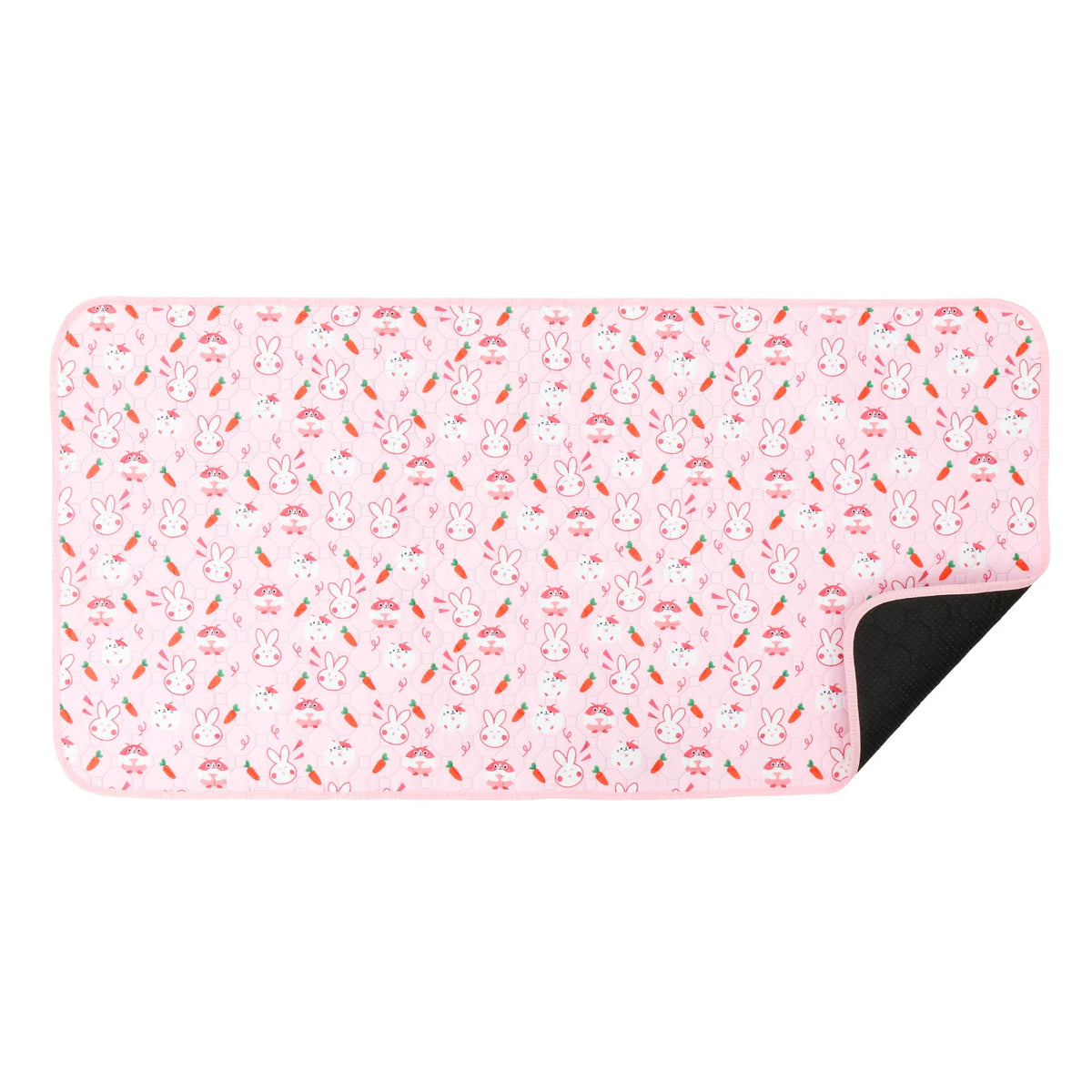 Pink reusable absorbent cage liner featuring a pattern of white rabbits and red accents.