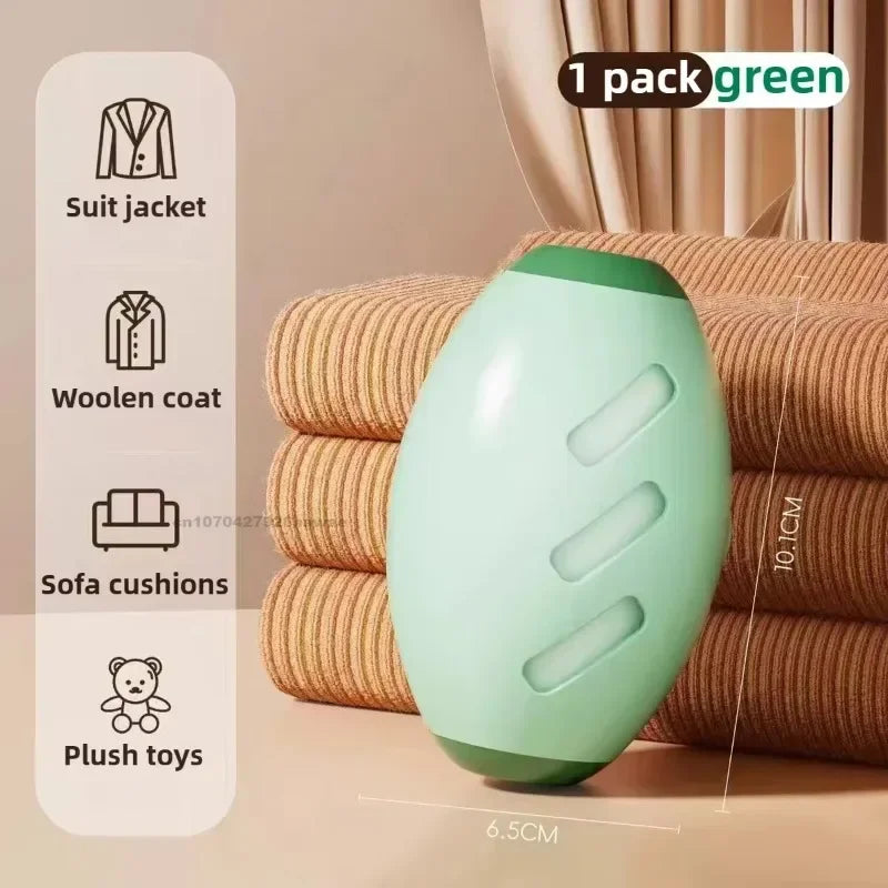 A light green reusable gel lint roller is shown next to stacked beige fabric and various clothing items.