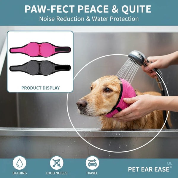 Pink and black noise reduction ear wraps for dogs used to protect ears during bathing, travel, or other activities.