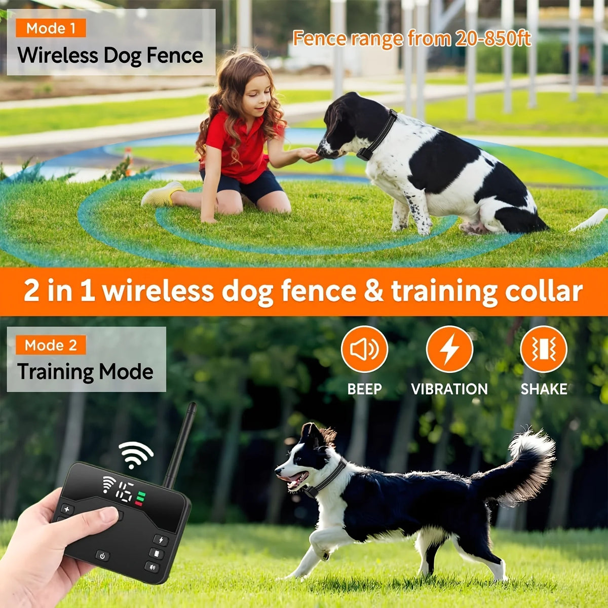 A dog is being trained using a wireless dog fence and training collar in a grassy outdoor setting.