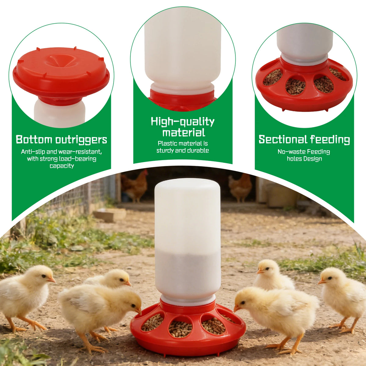 Red automatic chicken feeder and waterer combo set with sectioned feeding holes for no-waste feeding