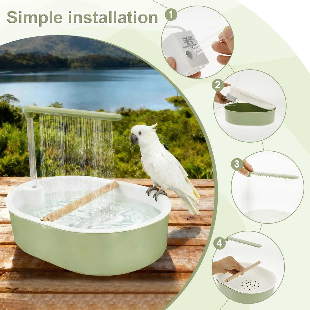 Un oiseau blanc boit de l'eau dans une fontaine extérieure, avec les étapes d'installation montrées.