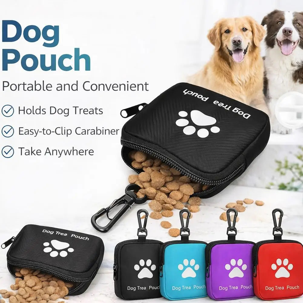 A collection of black, blue, purple, and red portable dog treat pouches with carabiner clips shown next to a golden retriever