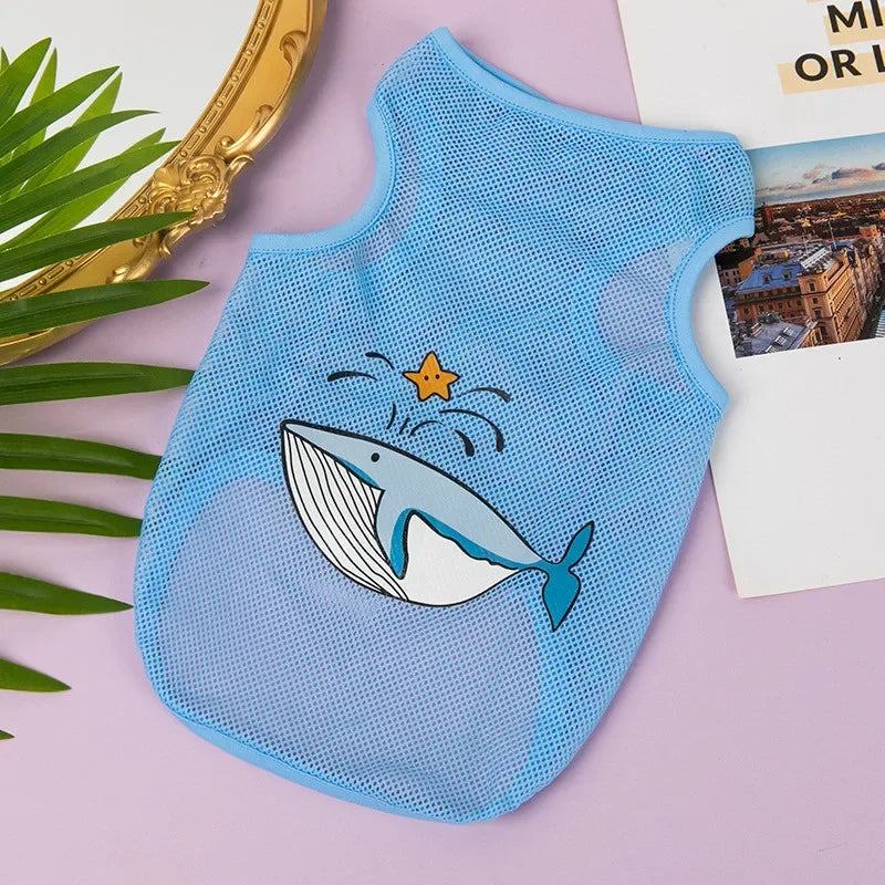 Light blue breathable mesh pet vest featuring a cartoon whale and star print
