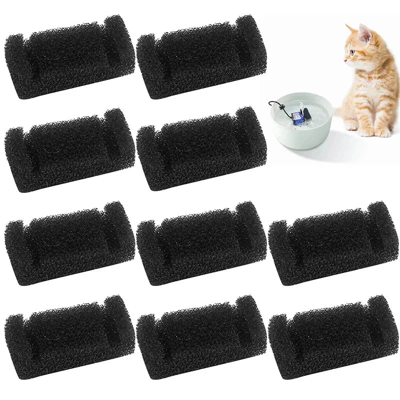 Black sponge replacement filters for pet water fountains shown in various rectangular shapes