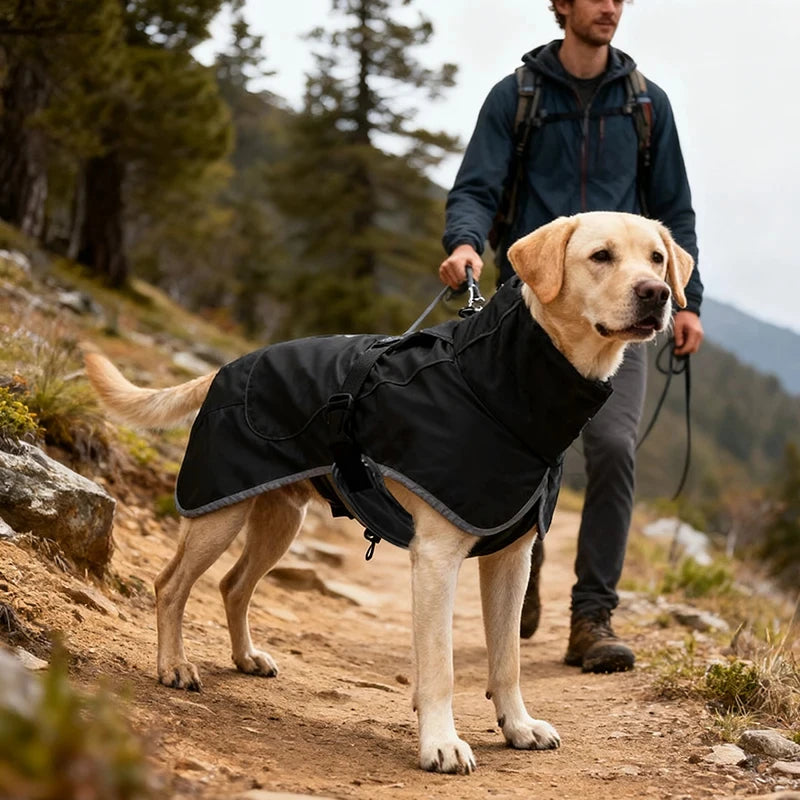 A golden Labrador dog wearing a black raincoat and standing on a dirt trail in a mountainous outdoor setting.
