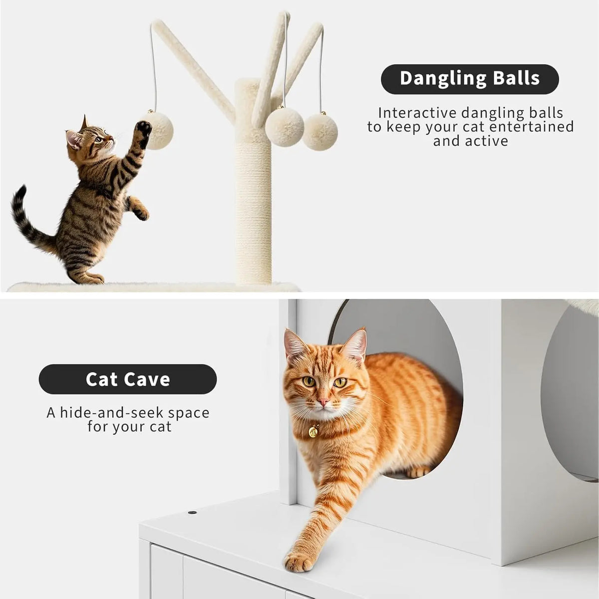 A large cat enclosure featuring dangling balls and a hidden litter box for a cat.