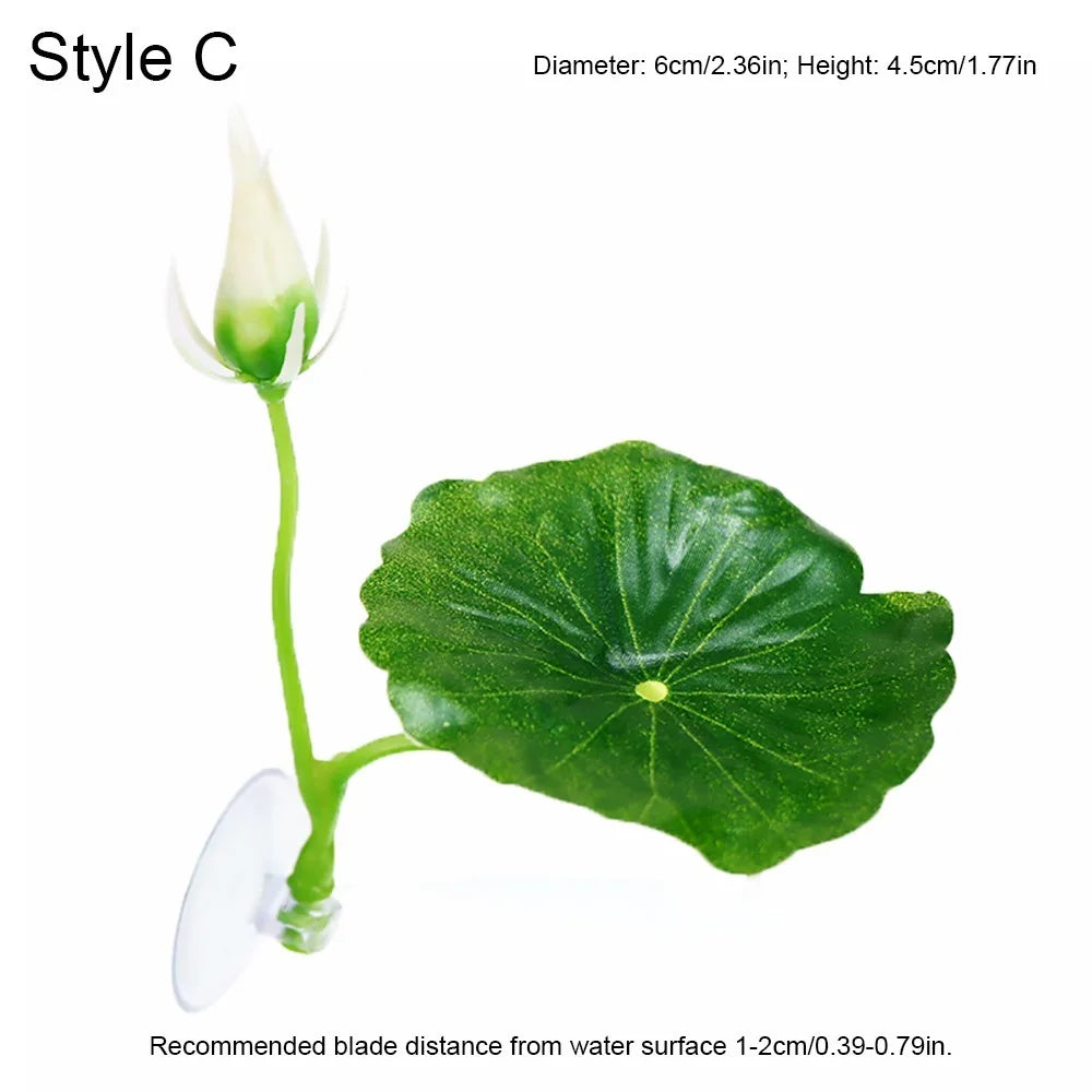 Feuille de lotus verte avec un bourgeon blanc, montrant la distance recommandée de la lame à la surface de l'eau.