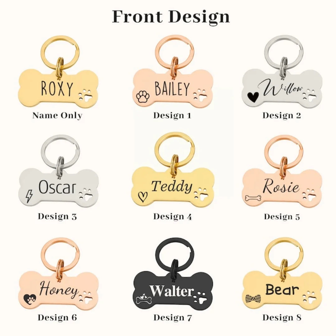 Eight designs of bone-shaped stainless steel dog ID tags with names engraved on them