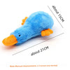 A bright blue plush duck toy with orange feet, shown from the side.