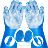 Pair of blue pet grooming gloves with a bathing and brushing kit inside