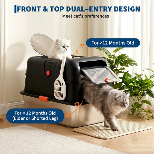 A black and stainless steel dual-entry litter box for cats, shown with age guidelines.