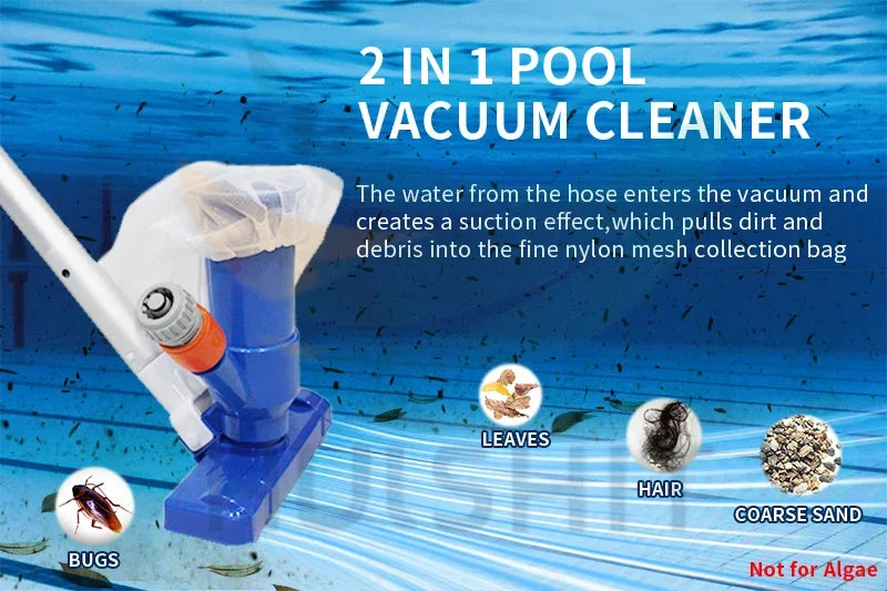 A blue 2 in 1 pool vacuum cleaner extracts dirt and debris from water using a hose and mesh bag.