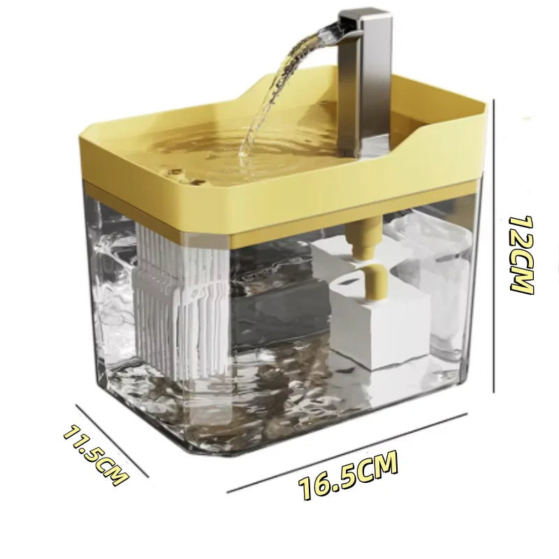 A yellow automatic USB cat water fountain with a clear container and a spout, shown from the side.