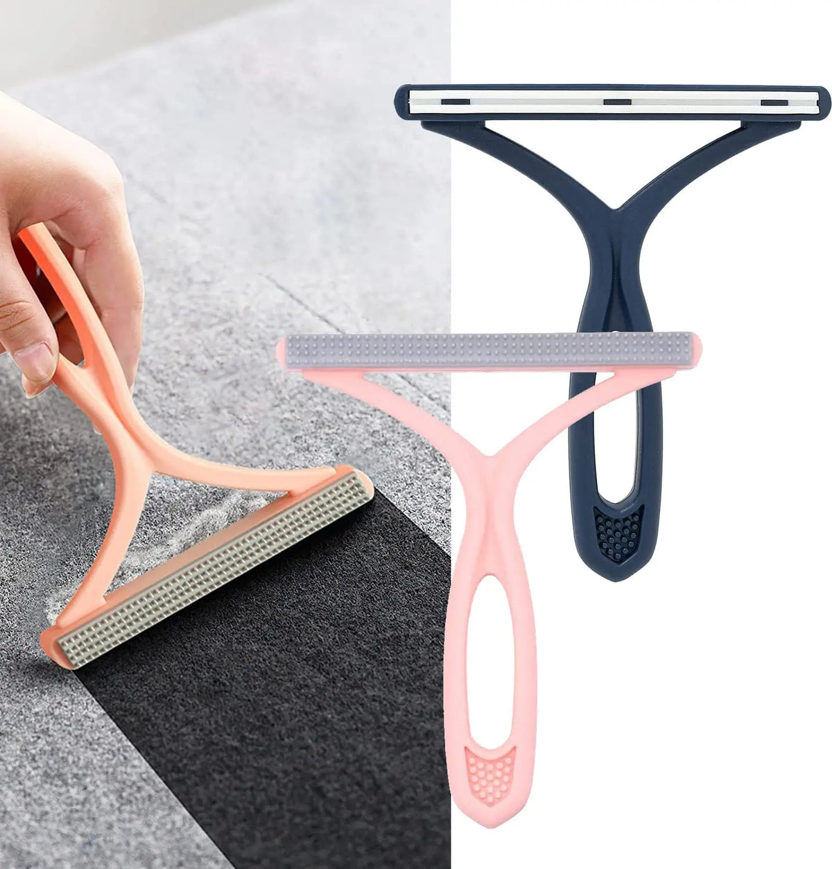 A hand holds a silicone double-sided pet hair and lint remover, showing its pink and blue components against a dark gray surf