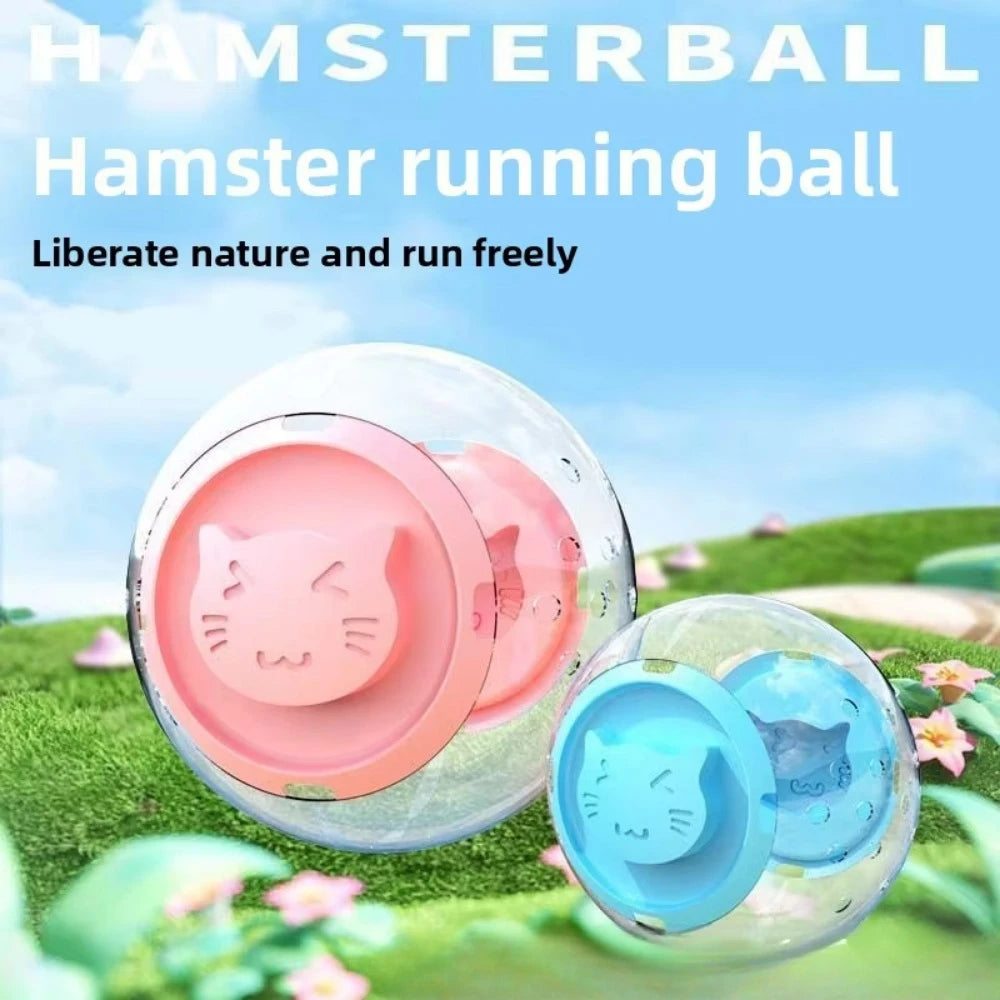 A clear plastic ball with a pink cat-shaped insert and a clear ball with a blue cat-shaped insert, set in a grassy outdoor en