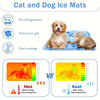 A pet cooling mat for dogs and cats showing a comparison between hot and cool temperature before and after using the pad.